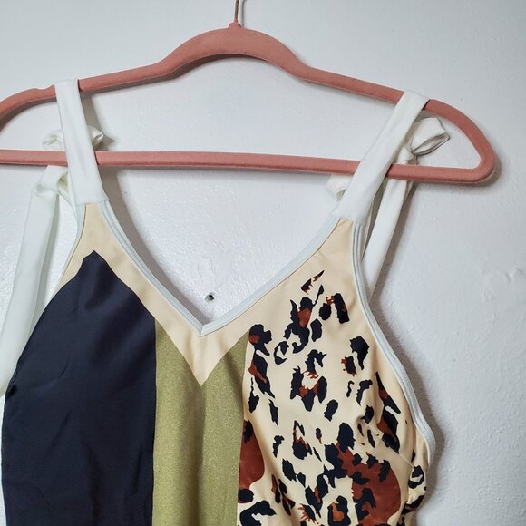 Swimsuit Womens Sz M Green Tan Animal Print One Piece Tie at Shoulder Bows - Picture 3 of 11